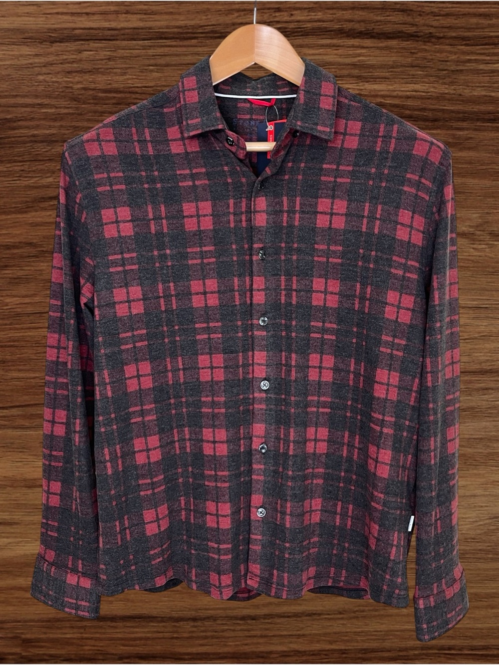 Stone Rose T Series Fleece Tech Burgundy Plaid Button Up Shirt Size Medium
